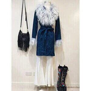 💋GORG!💋LIMITED EDITION FAUX MONGOLIAN FUR COLLAR GLITTERY DENIM AFGHAN COAT